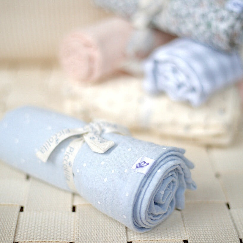 Mulltuch aus Bio Baumwolle Hellblau mit weißen Punkten
