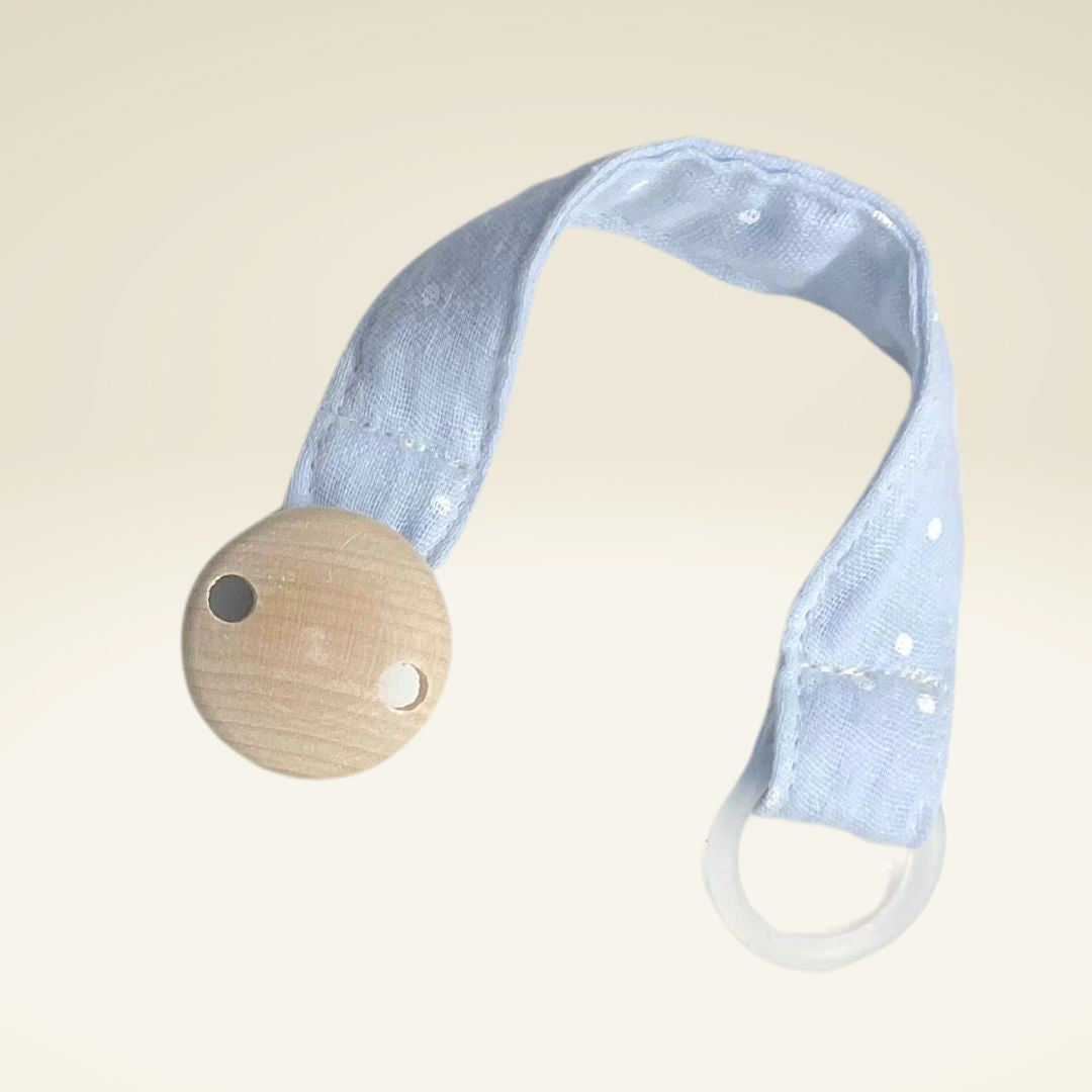 Schnullerband aus Bio-Baumwolle Hellblau mit weißen Punkten - sasaní