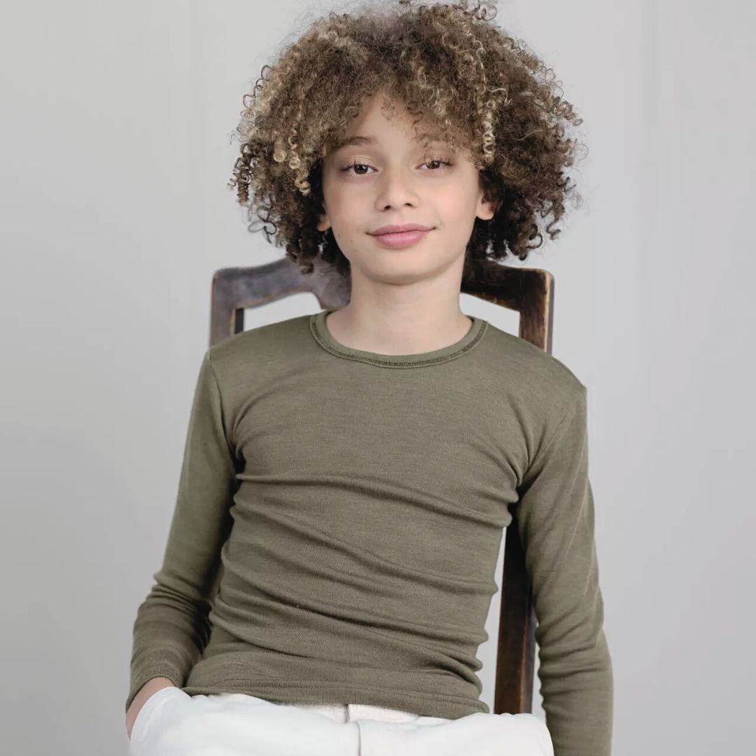 Kinder Shirt, langarm, Bio-Schurwolle-Seide-Mischung-olivefarben